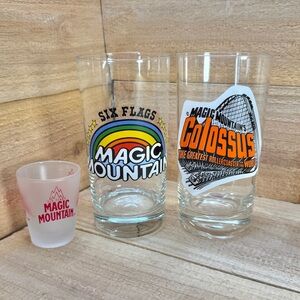 Vintage Six Flags Magic Mountain Souvenir Glasses Shot Glass Colossus Coaster